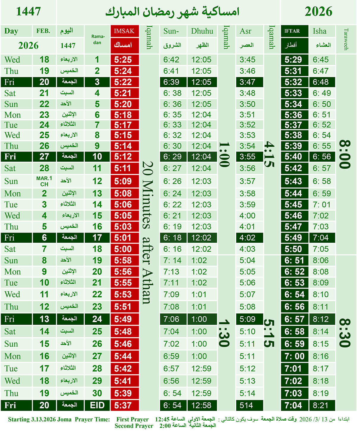 Monthly Prayer Times Sheet – Islamic Community Center Of Illinois intended for Ramadan Calendar 2026 Chicago