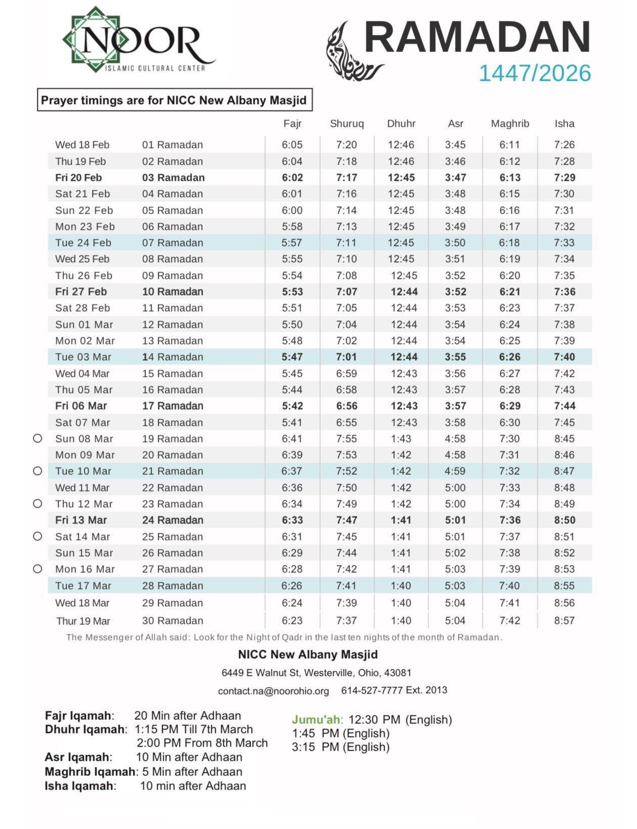 Noor Islamic Cultural Center in Ramadan Calendar 2026 Dublin Ca