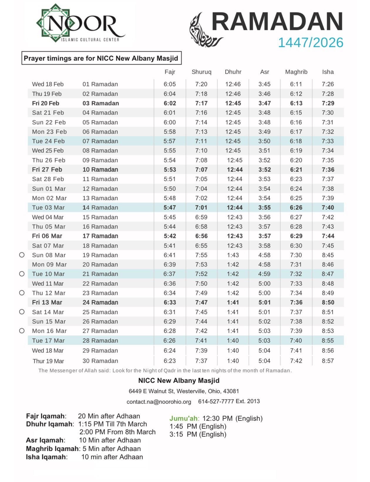 Noor Islamic Cultural Center intended for Ramadan 2026 Calendar Columbus Ohio