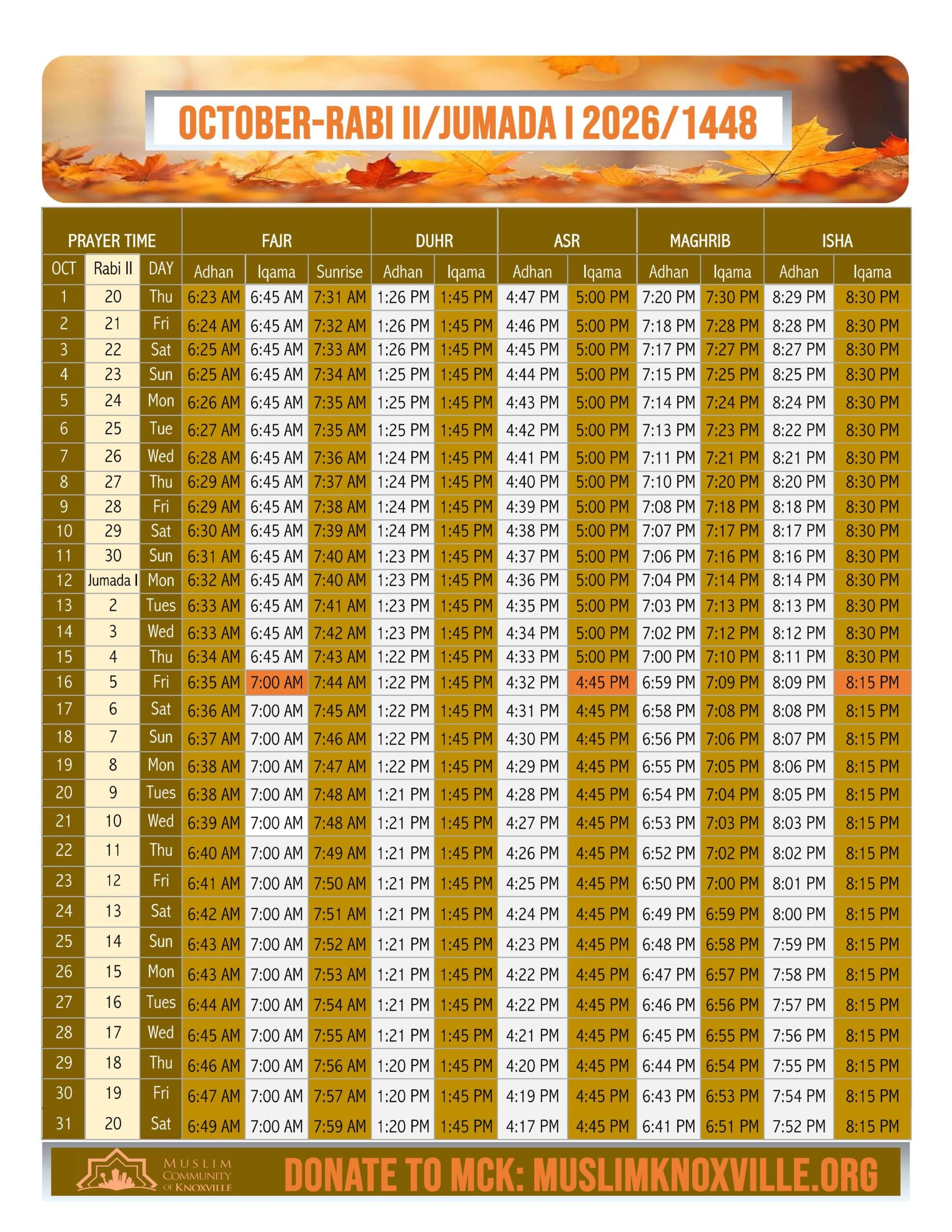 Prayers And Jumu&amp;#039;Ah - Muslim Community Of Knoxville for Fairfax Ramadan Calendar 2026