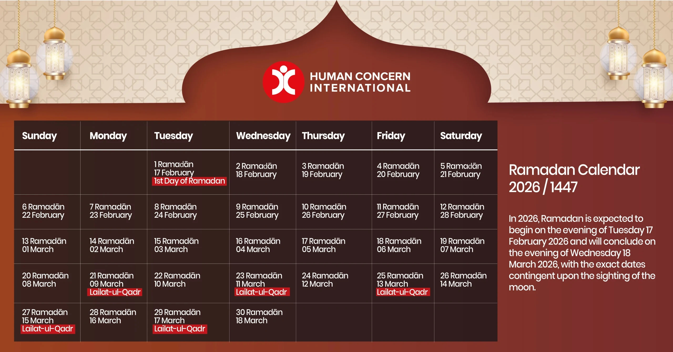 Ramadan 2026 / 1447 Ah - Human Concern International Canada throughout Ramadan 2026 Calendar Usa