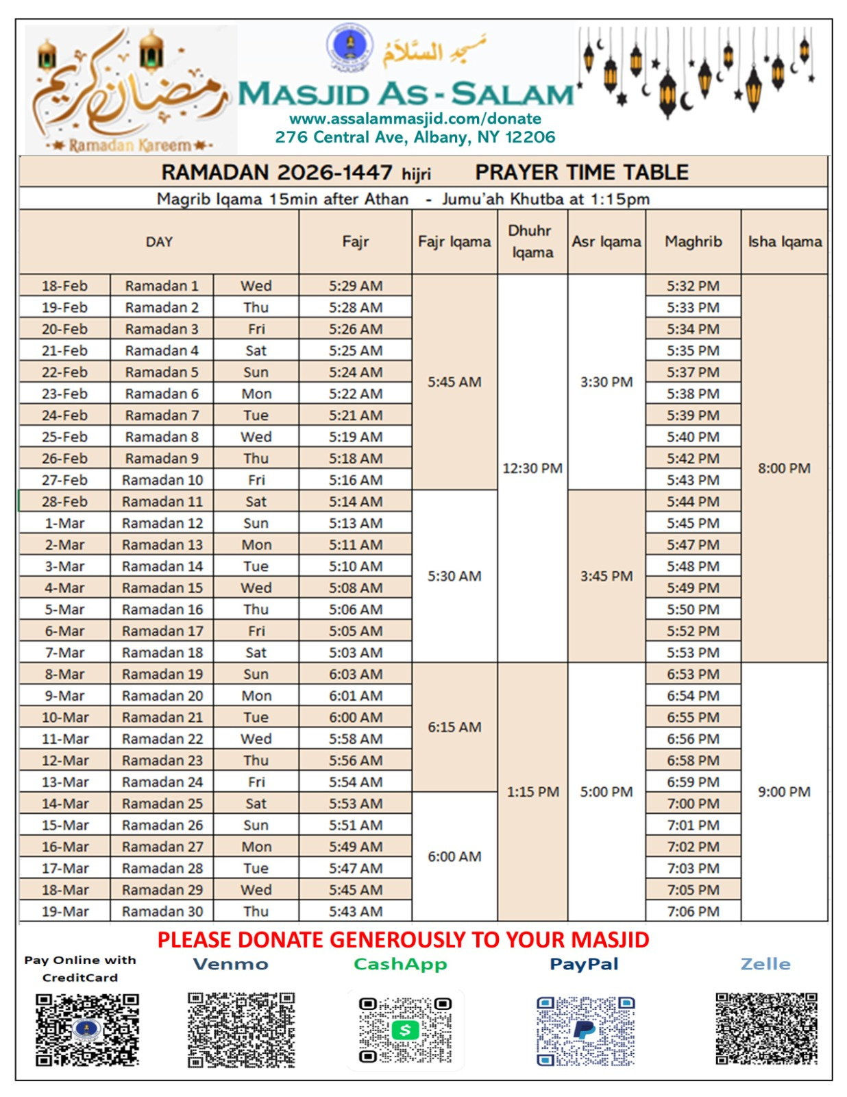 Ramadan 2026 In Albany,Ny – Masjid As Salam intended for New York Ramadan Calendar 2026