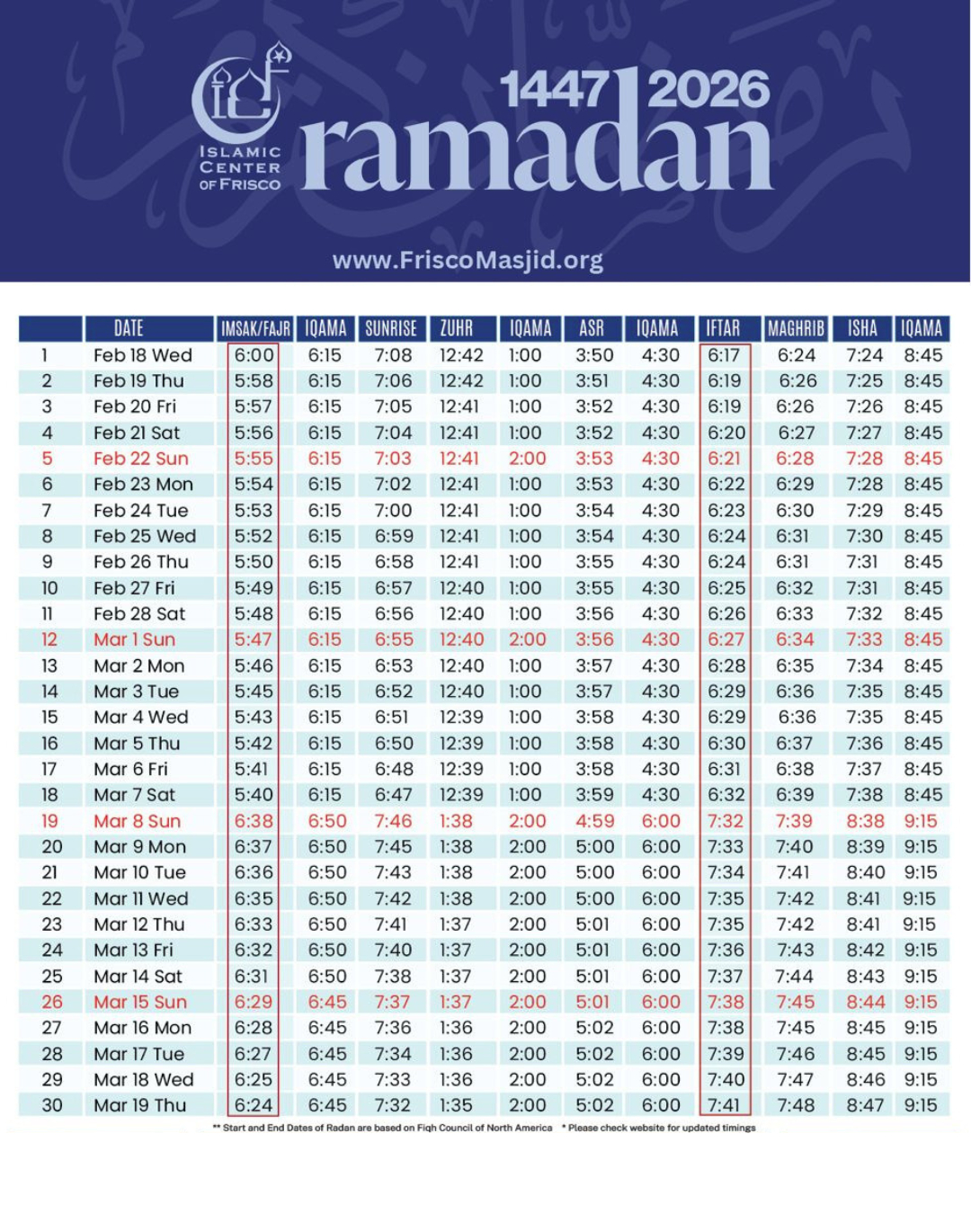Ramadan 2026 - Islamic Center Of Frisco within Ramadan Calendar 2026 Usa