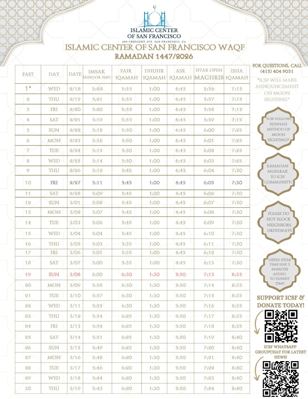Ramadan 2026 — Islamic Center Of San Francisco in Ramadan 2026 Calendar New York