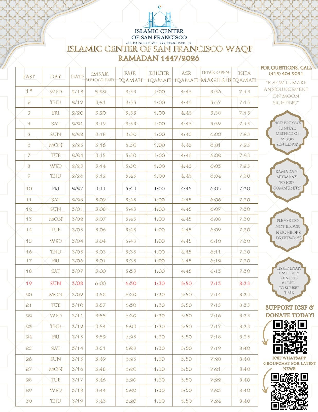 Ramadan 2026 — Islamic Center Of San Francisco in Ramadan Calendar 2026 California