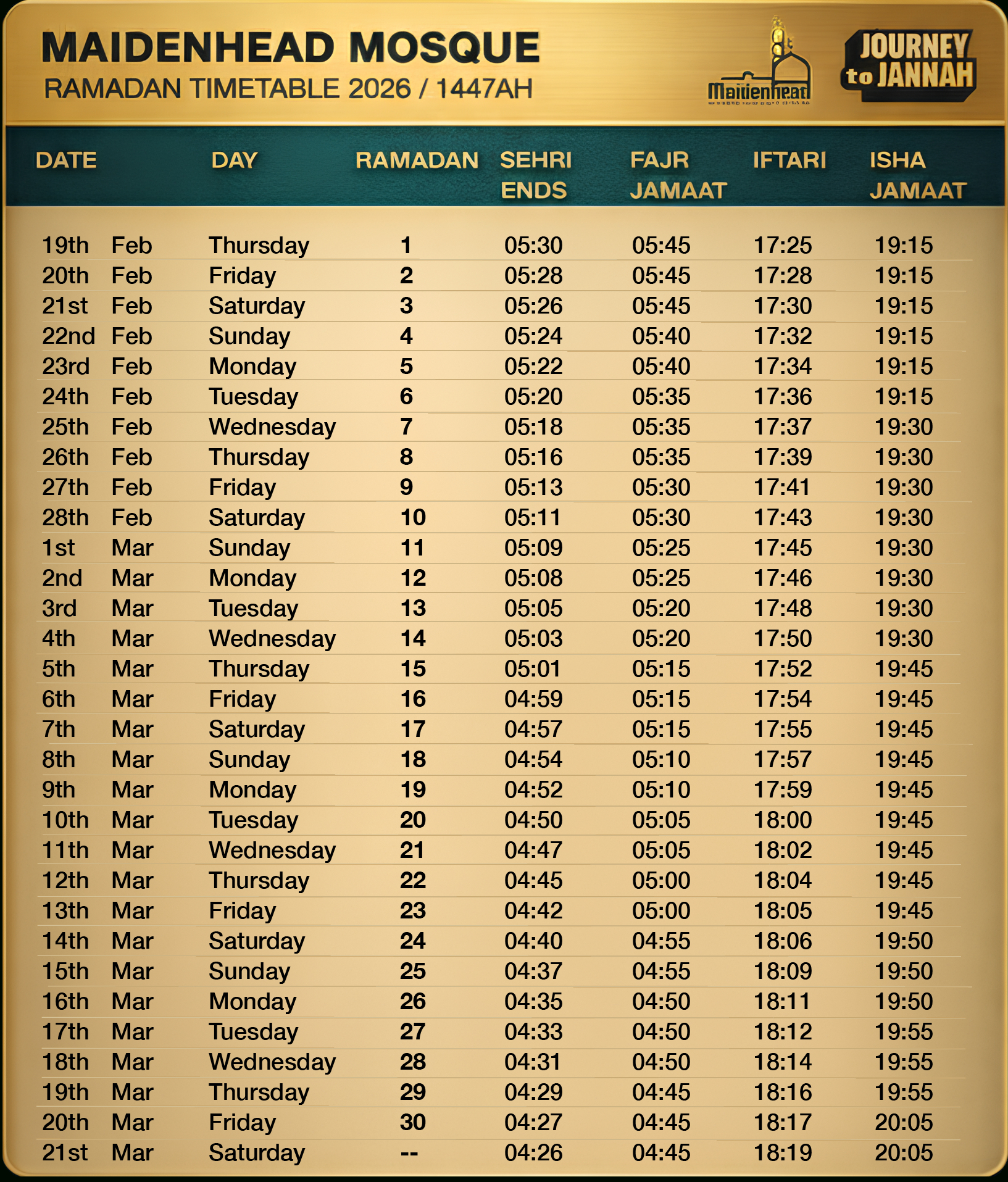 Ramadan 2026 Timetable - Journey To Jannah with regard to Ramadan Calendar 2026 Michigan