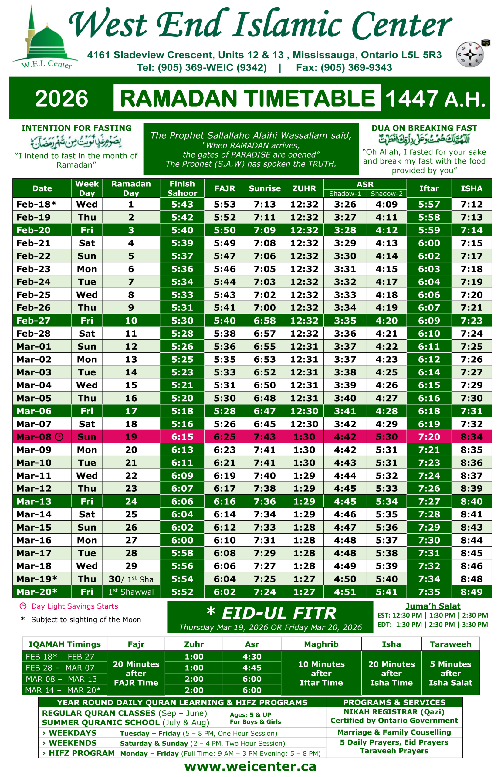 Ramadan Timetable 2026 | West End Islamic Center Mississauga throughout Ramadan Calendar 2026 California